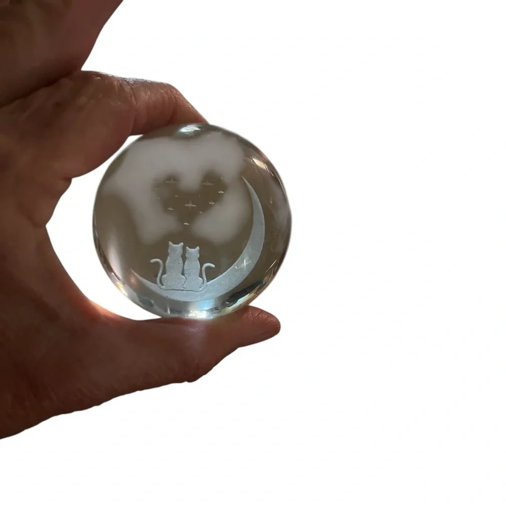 Crystal Ball With Two Cats On Moon Heart Stars With Stand